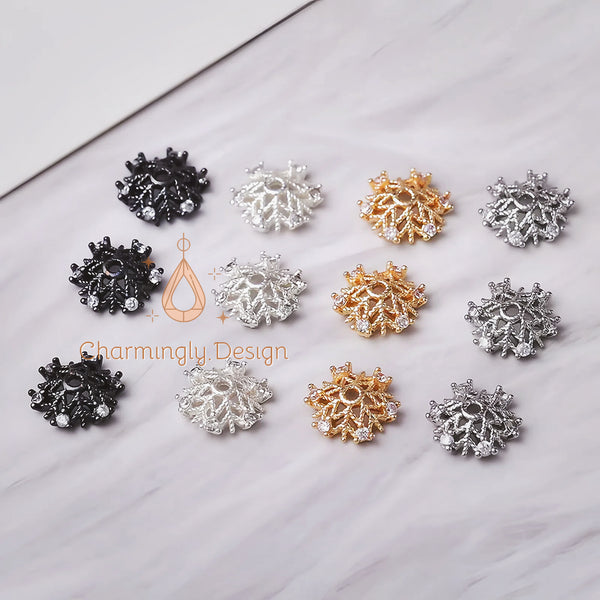 14K Gold Filled Snowflake Bead Caps Zircon 10/12mm – DIY Jewelry Spacer Findings(Set of 10)