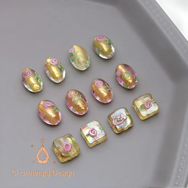 Gold Foil Core Floral Glass Beads – Oval and Square Shapes for DIY Jewelry Supplies（Set of 2）