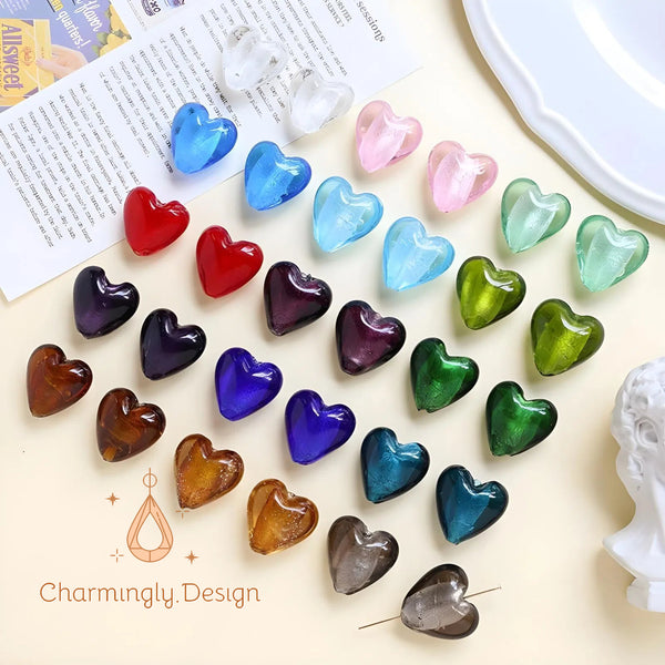 Vintage Glass Heart Beads with Silver-Foil Core – 20mm – DIY Jewelry（Set of 4）