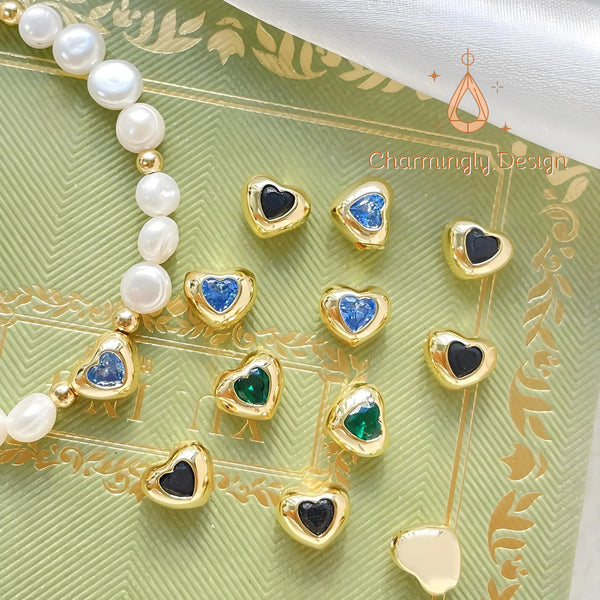 14K Gold-Plated Heart Spacer Beads with Zircon – DIY Jewelry Supplies(Set of 2)