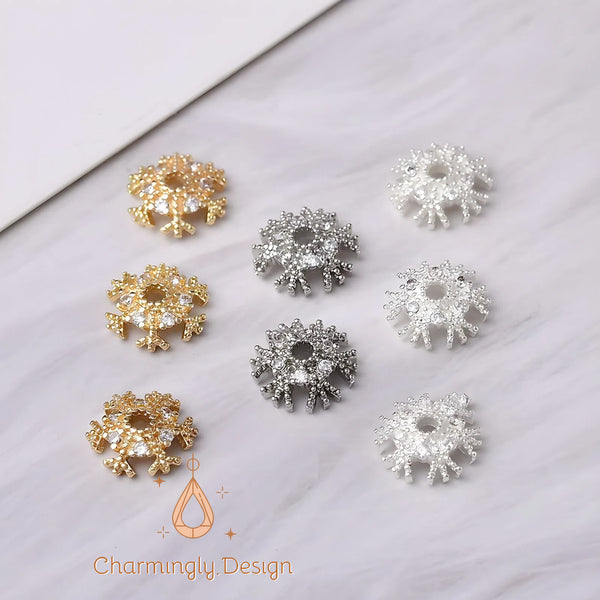 14K Gold Filled Zircon Snowflake Bead Caps WhiteGold/Gold/Silver – DIY Jewelry Findings(Set of 4)