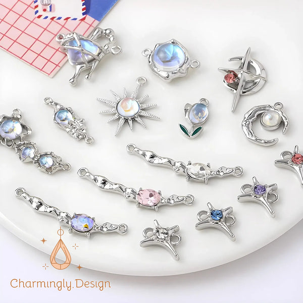 Moon & Star Zircon Alloy Pendants – DIY Jewelry Making Charms with Crystal Accents(Set of 2)