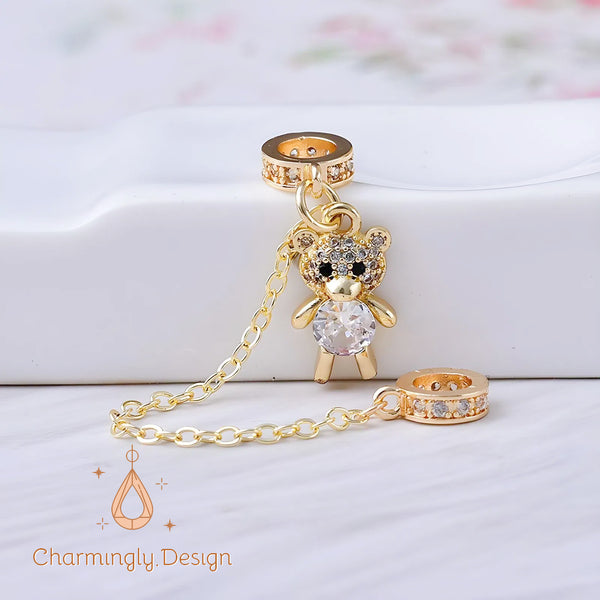 14K Gold Filled Bear Safety Chain Charm with Zircon – DIY Jewelry Findings