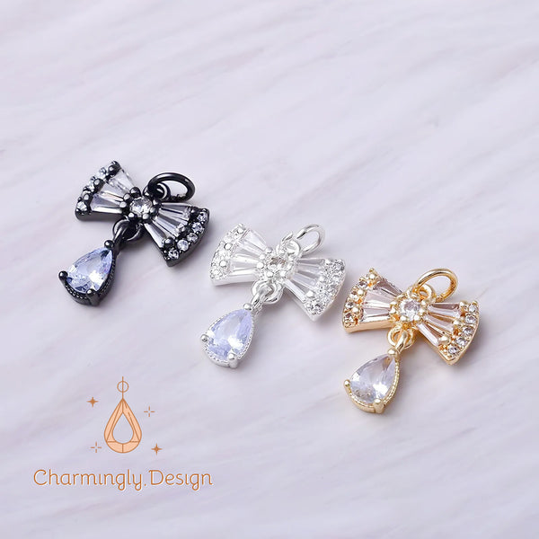 14K Gold Plated Bow Pendant with Teardrop Zircon – DIY Jewelry Findings(Set of 2)