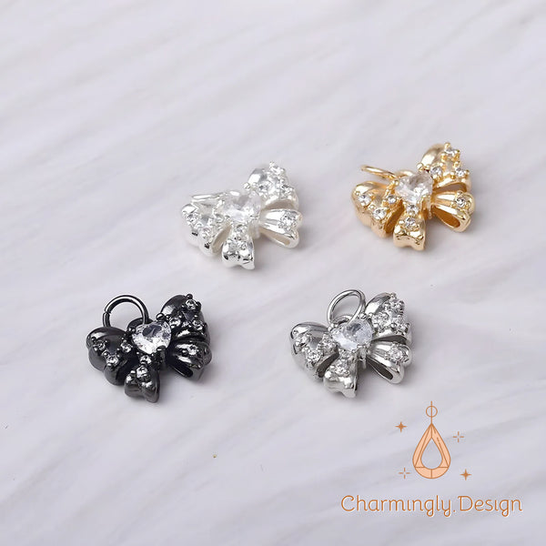 Gold-Plated Bow Knot Pendant/Spacer Beads with Zircon – DIY Jewelry Findings(Set of 2)