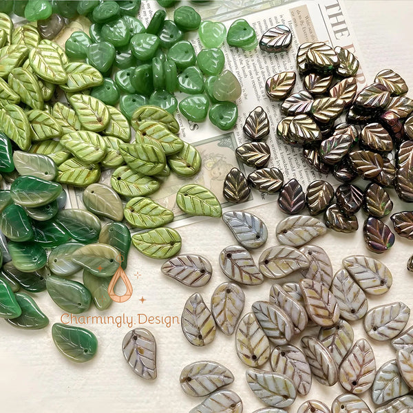 Vintage Czech Glass Long Leaf Beads – Hand-Painted DIY Jewelry Supplies(Set of 4)