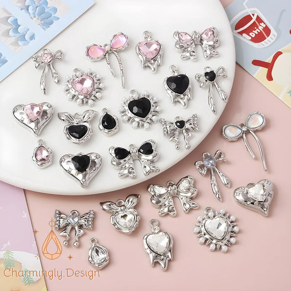 Sweet & Cool Black Heart, Pearl & Bow Alloy Pendants – DIY Jewelry Making Charms(Set of 2)