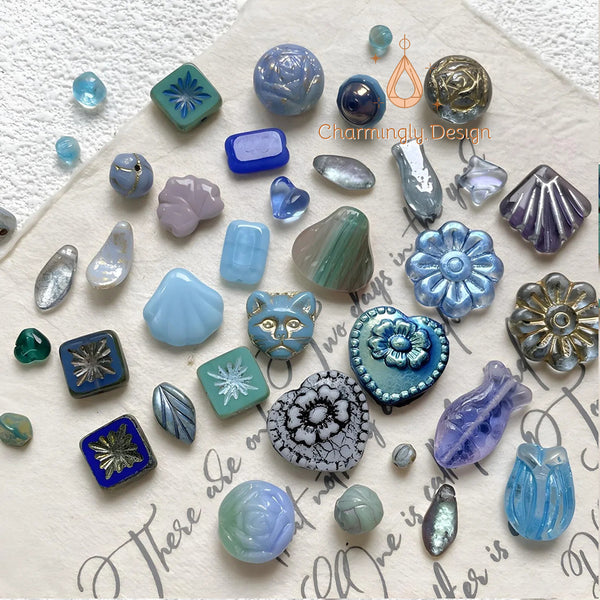 Blue Czech Glass Beads – Round and Unique Shapes – 70 Designs for DIY Jewelry Supplies（Set of 4）