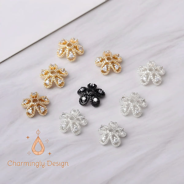 Gold-Filled Zircon Five-Petal Flower Bead Caps 6/8/10mm – DIY Jewelry Findings(Set of 4)
